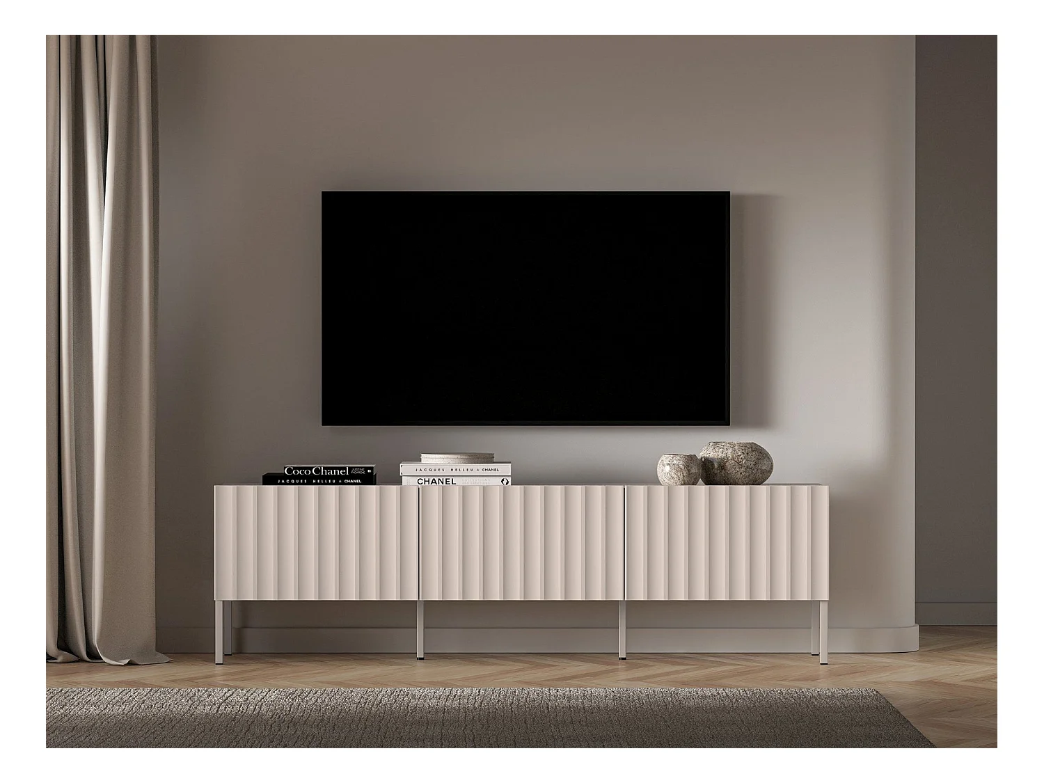 Staande tv-kast met gecanneleerde fronten - 170 cm lichtbeige - DERRIVA