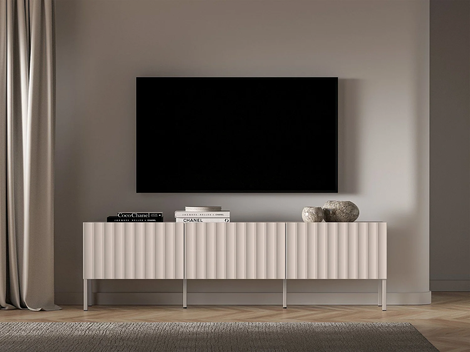Meuble TV debout avec façades cannelées - 170 cm beige clair - DERRIVA