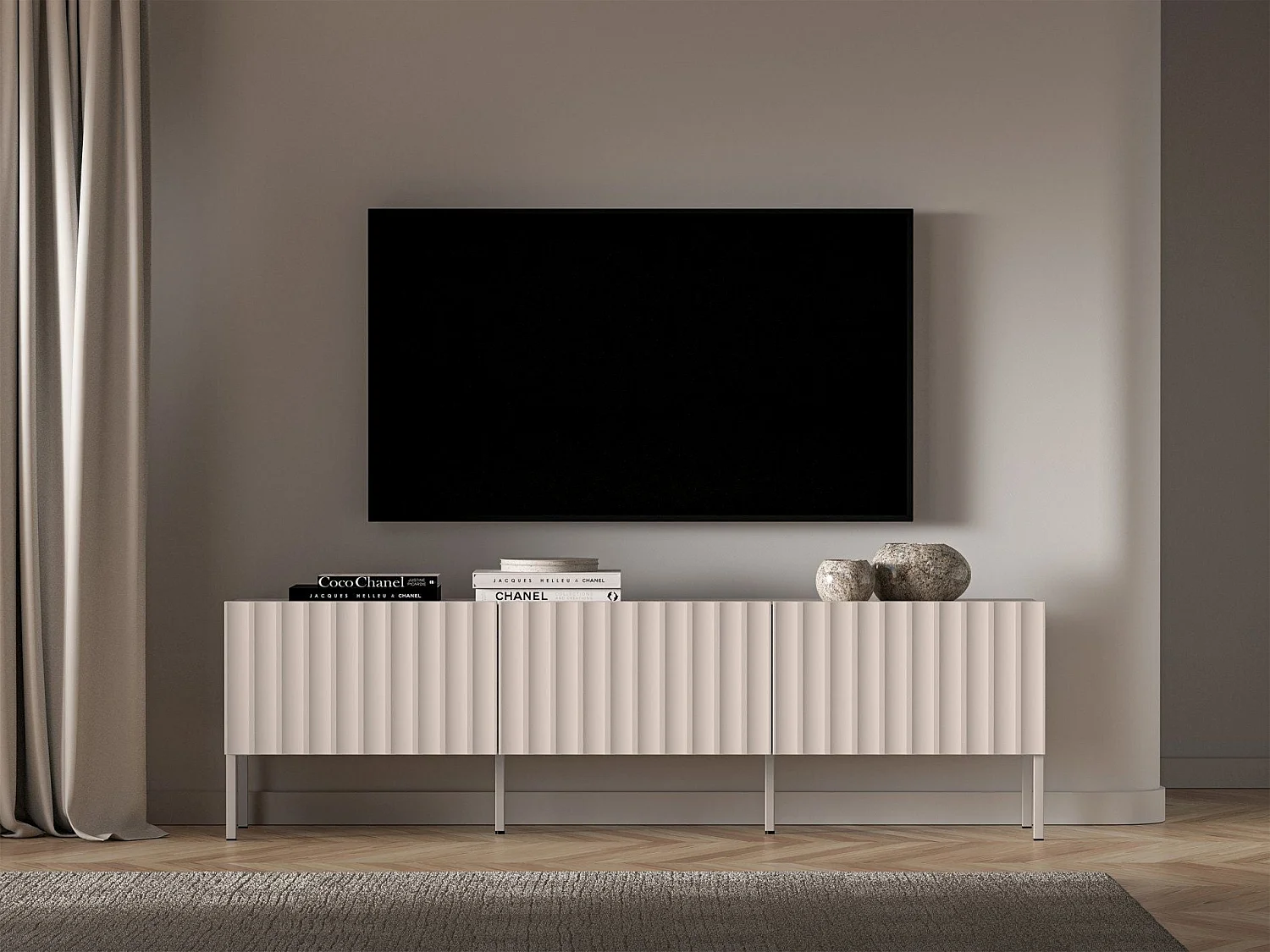 Staande tv-kast met gecanneleerde fronten - 170 cm lichtbeige - DERRIVA