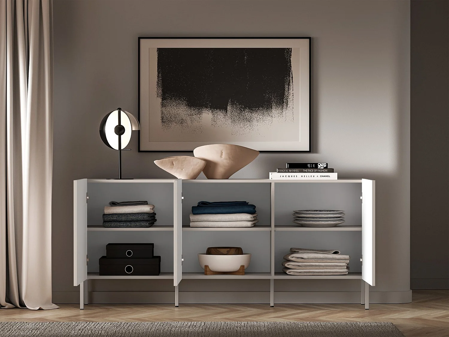 Commode à trois portes avec façades cannelées - 170 cm - beige clair - DERRIVA