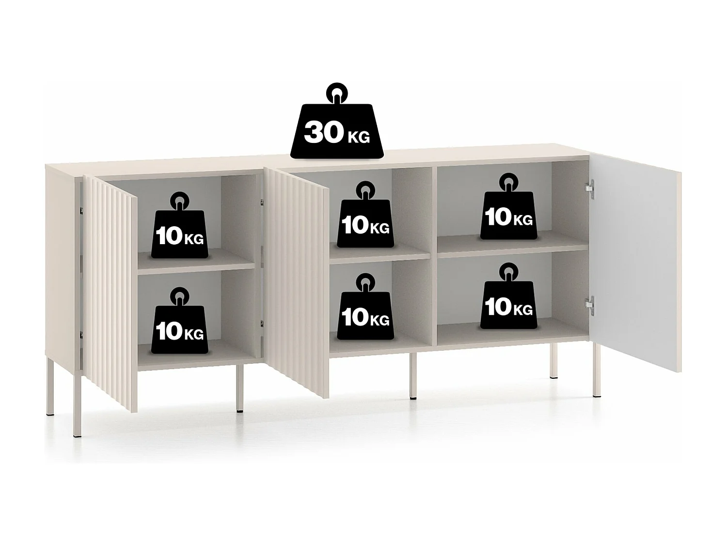 Commode à trois portes avec façades cannelées - 170 cm - beige clair - DERRIVA