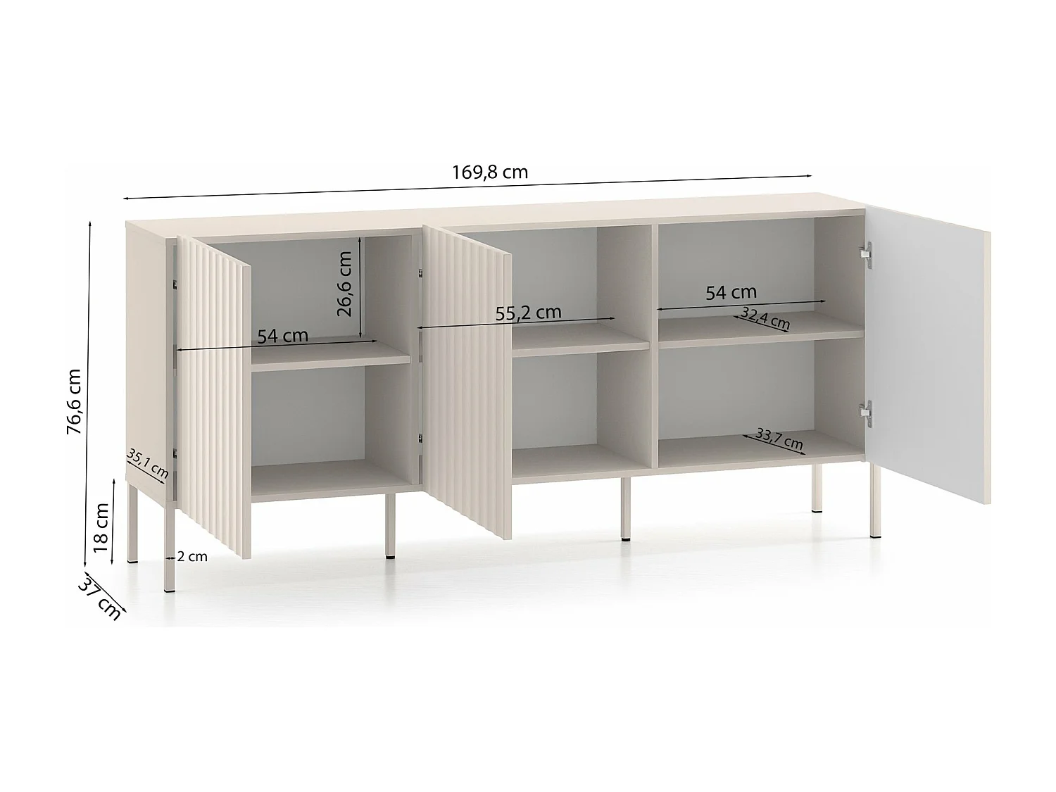 Commode à trois portes avec façades cannelées - 170 cm - beige clair - DERRIVA