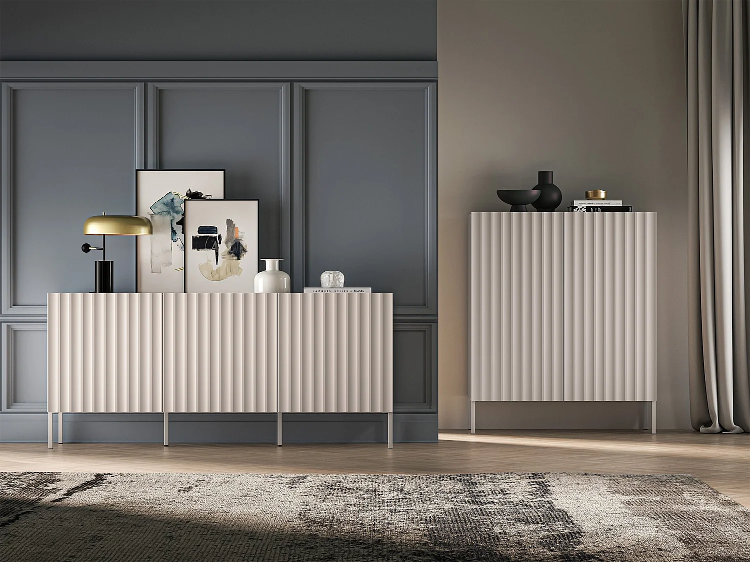 Commode à trois portes avec façades cannelées - 170 cm - beige clair - DERRIVA