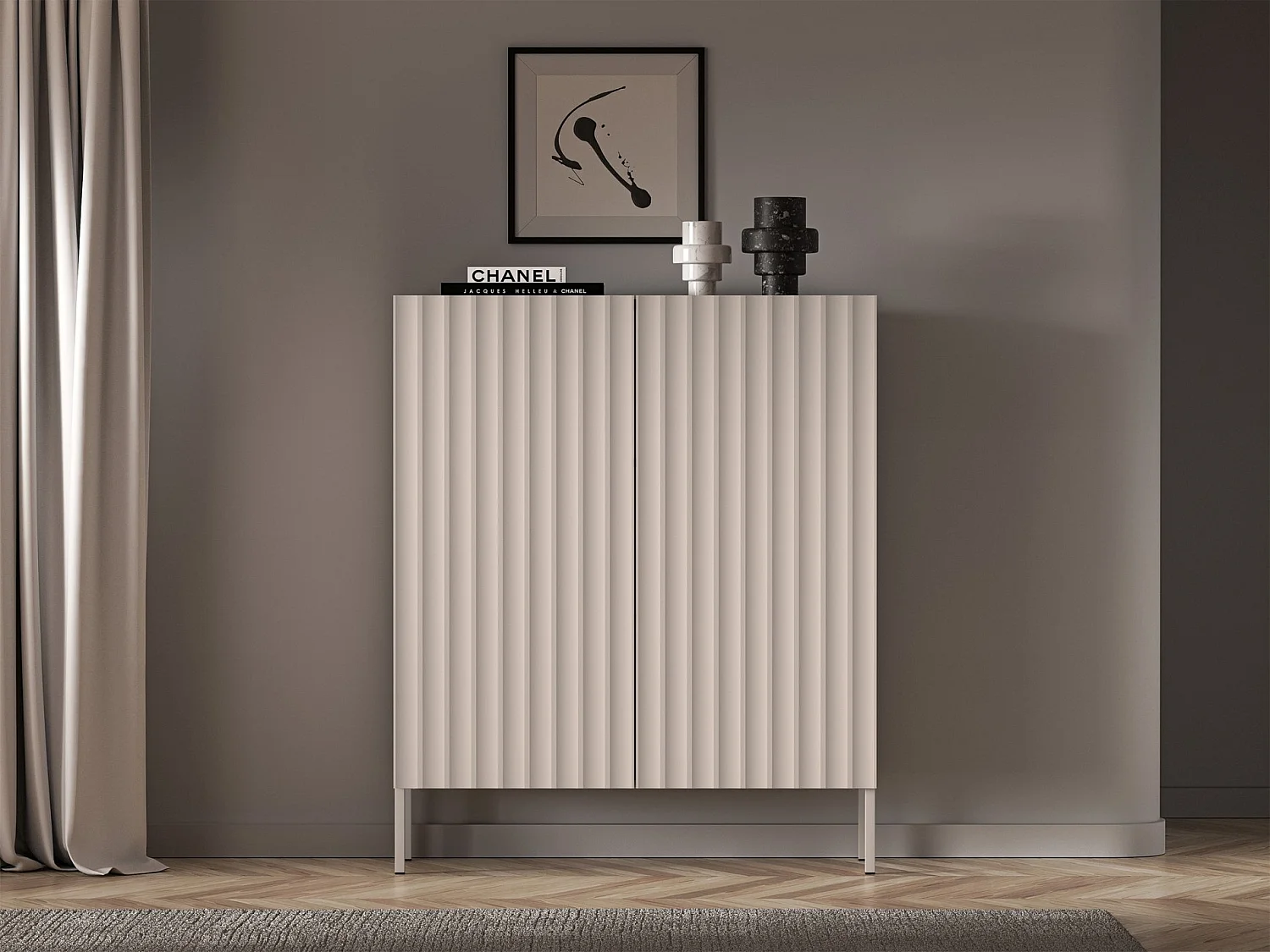 Haute commode à deux portes avec façades cannelées - 100 cm - beige clair - DERRIVA