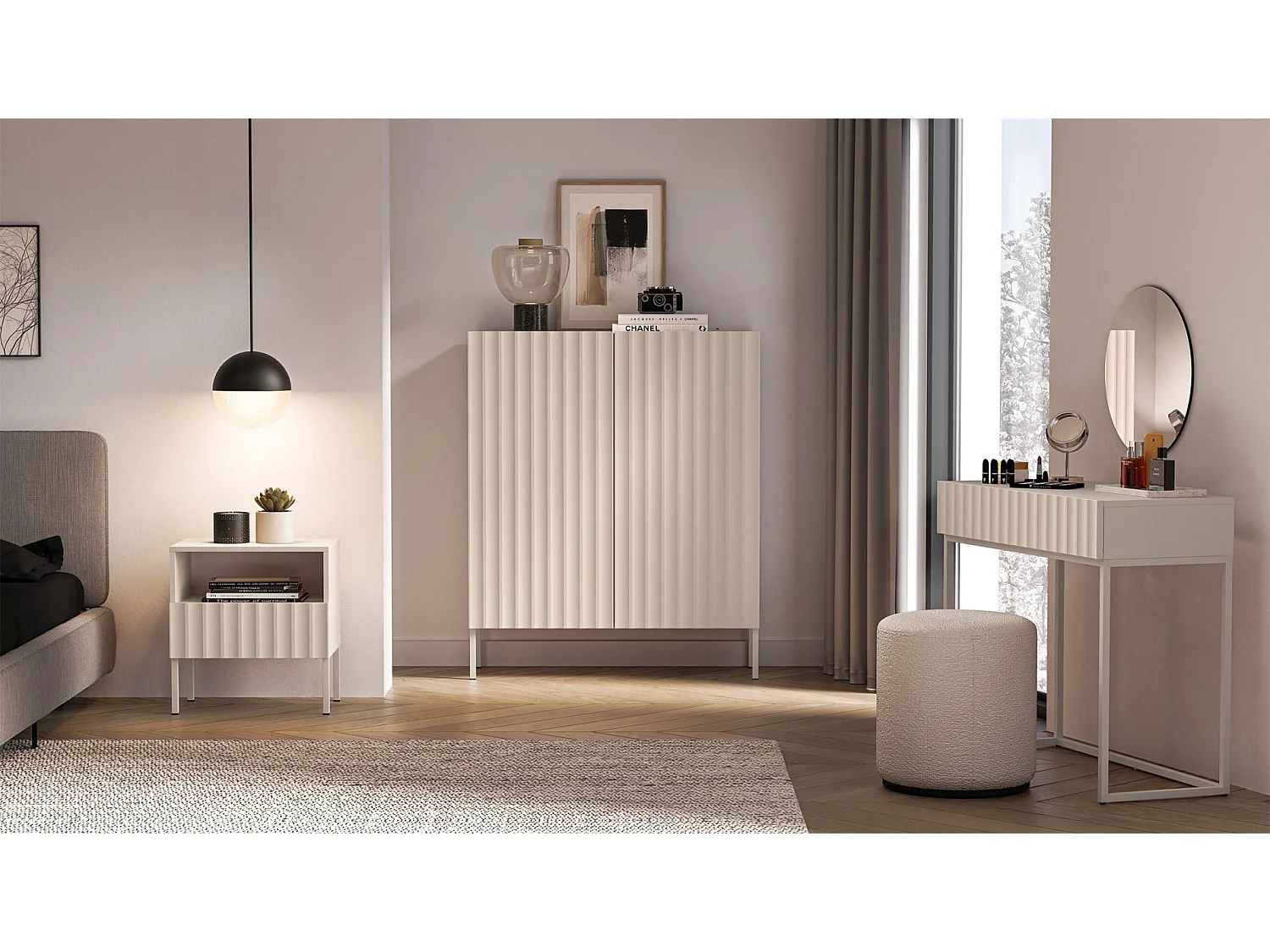 Haute commode à deux portes avec façades cannelées - 100 cm - beige clair - DERRIVA