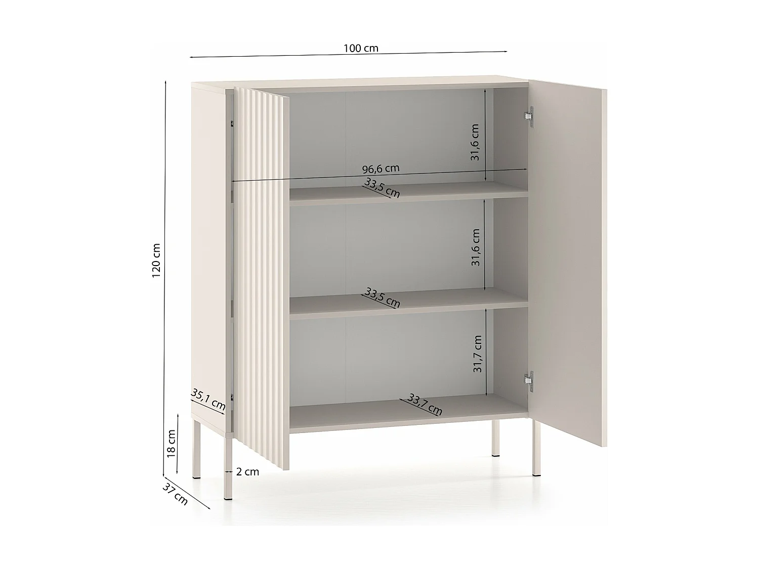 Haute commode à deux portes avec façades cannelées - 100 cm - beige clair - DERRIVA