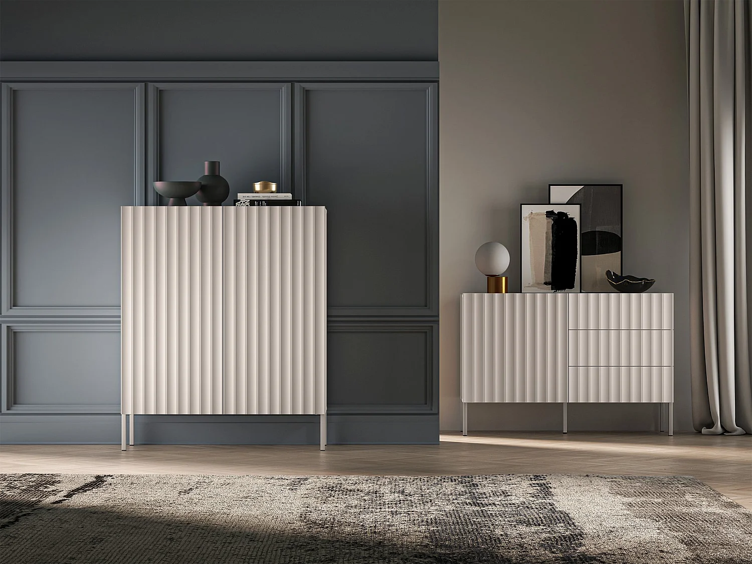 Haute commode à deux portes avec façades cannelées - 100 cm - beige clair - DERRIVA