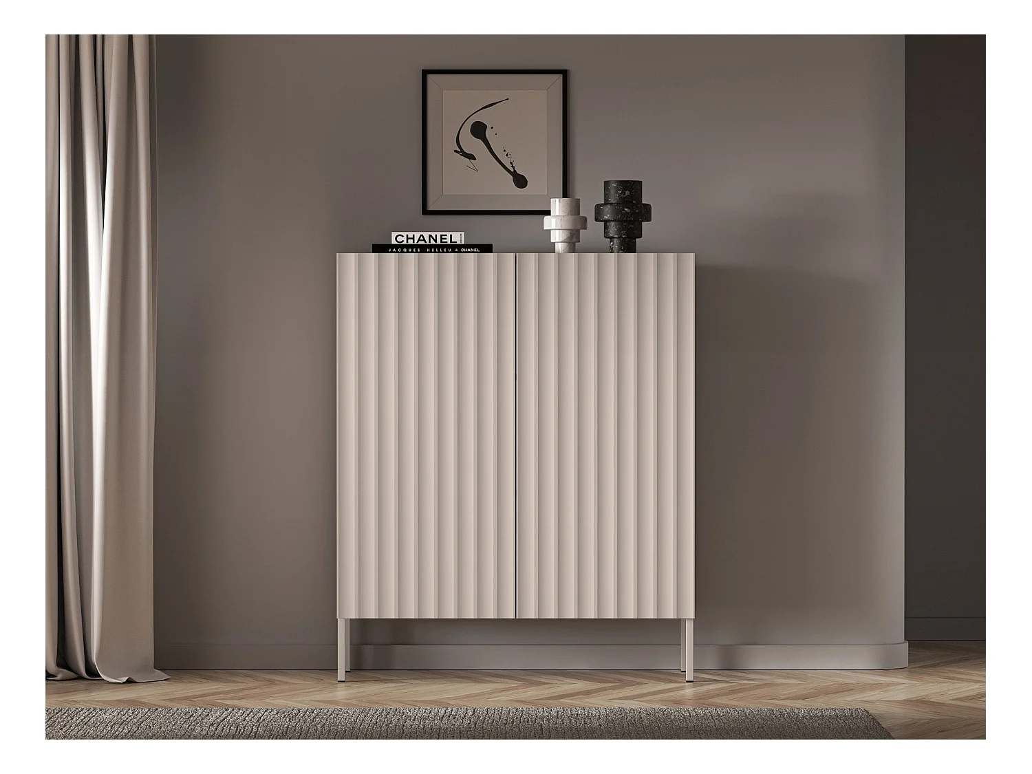 Haute commode à deux portes avec façades cannelées - 100 cm - beige clair - DERRIVA