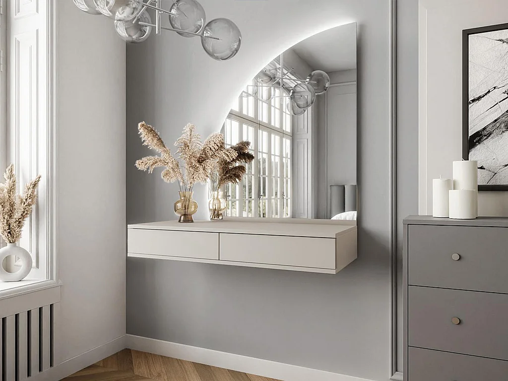 Toeletta sospesa con specchio con LED 2 cassetti Beige opaco - JINEZA