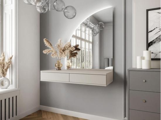 vente unique Coiffeuse suspendue avec miroir à LEDs - 2 tiroirs - Beige mat - JINEZA
