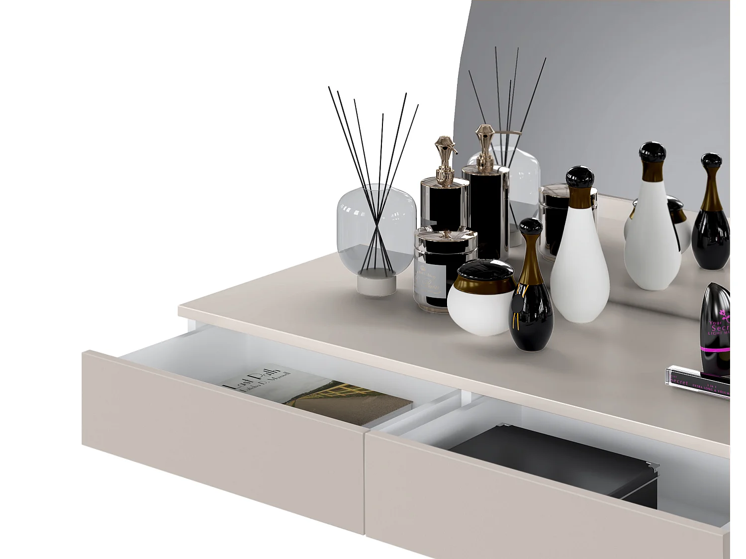 Väggmonterat sminkbord med 2 lådor i matt beige med LED-belysning JINEZA