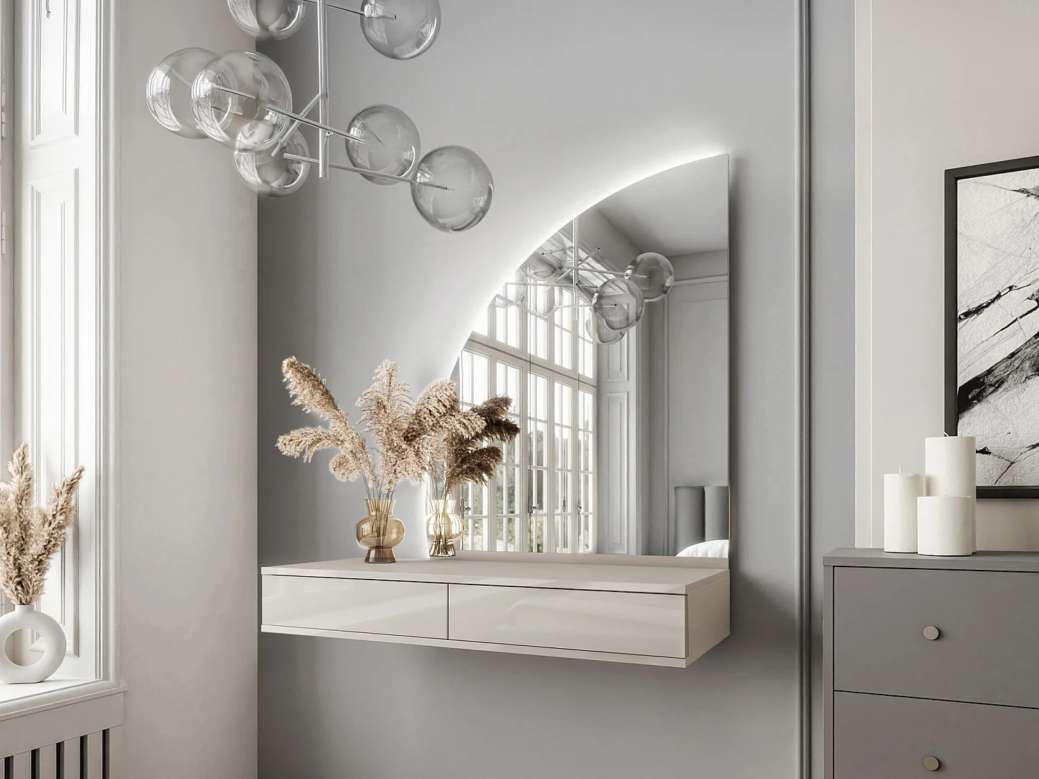 Zwevende kaptafel met spiegel en ledverlichting - 2 lades - Mat beige - JINEZA