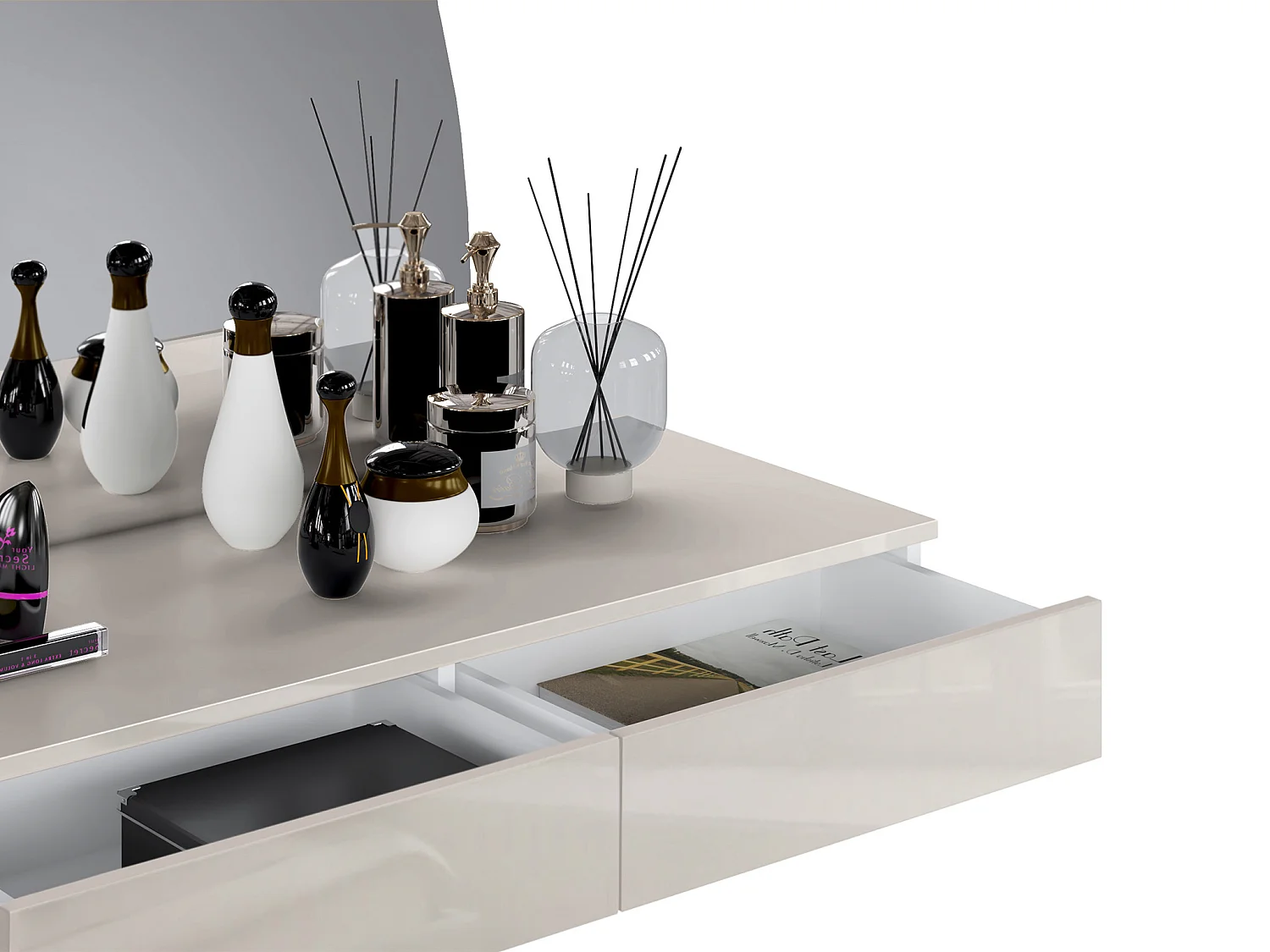 Zwevende kaptafel met spiegel en ledverlichting - 2 lades - Mat beige - JINEZA