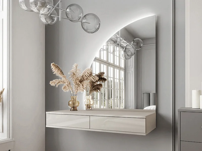 Frisiertisch hängend mit LED-Spiegel - 2 Schubladen - Beige matt - JINEZA