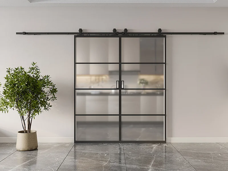 Porte coulissante double avec système en applique - aluminium et verre trempé dépoli - 2 x H205 x L73 cm - SINCA II