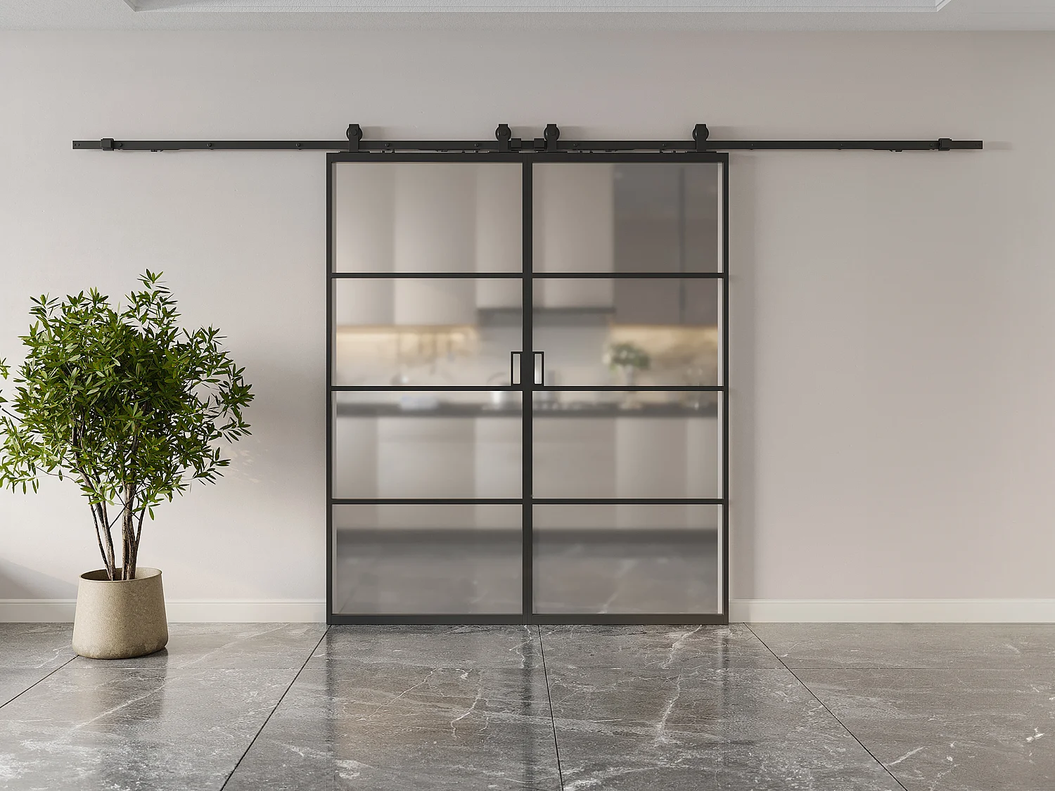 Porte coulissante double avec système en applique - aluminium et verre trempé dépoli - 2 x H205 x L73 cm - SINCA II