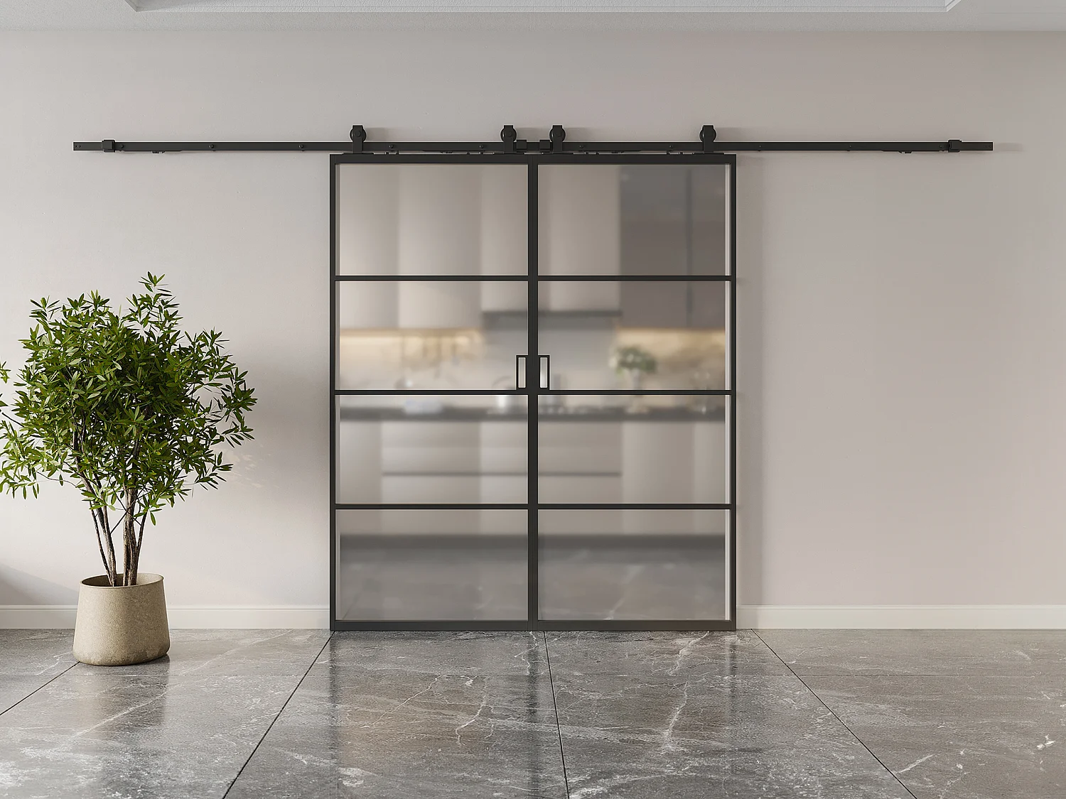 Porte scorrevole doppia esterno muro 2 x H205 x L83 cm Alluminio e Vetro temperato smerigliato - SINCA II