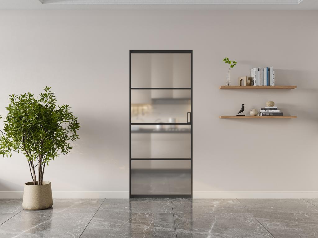 Porte coulissante avec système à galandage - aluminium et verre trempé dépoli - H205 x L83 cm - SINCA II