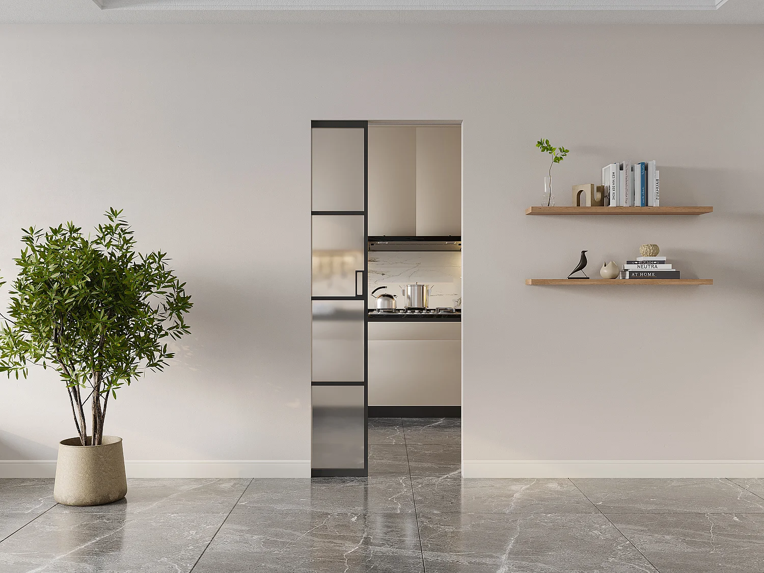 Puerta corredera empotrable - aluminio y vidrio templado esmerilado - Alt. 205 x Ancho 83 cm - SINCA II