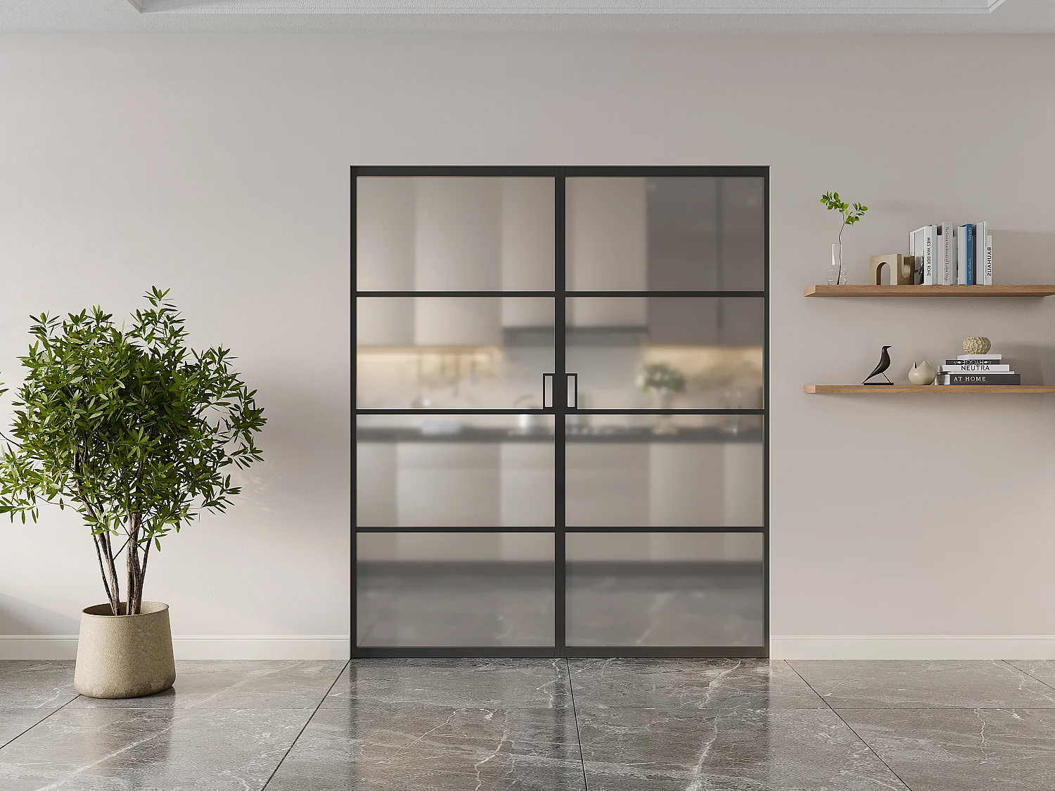 Porte coulissante double avec système à galandage - aluminium et verre trempé dépoli - 2 x H205 x L73 cm - SINCA II