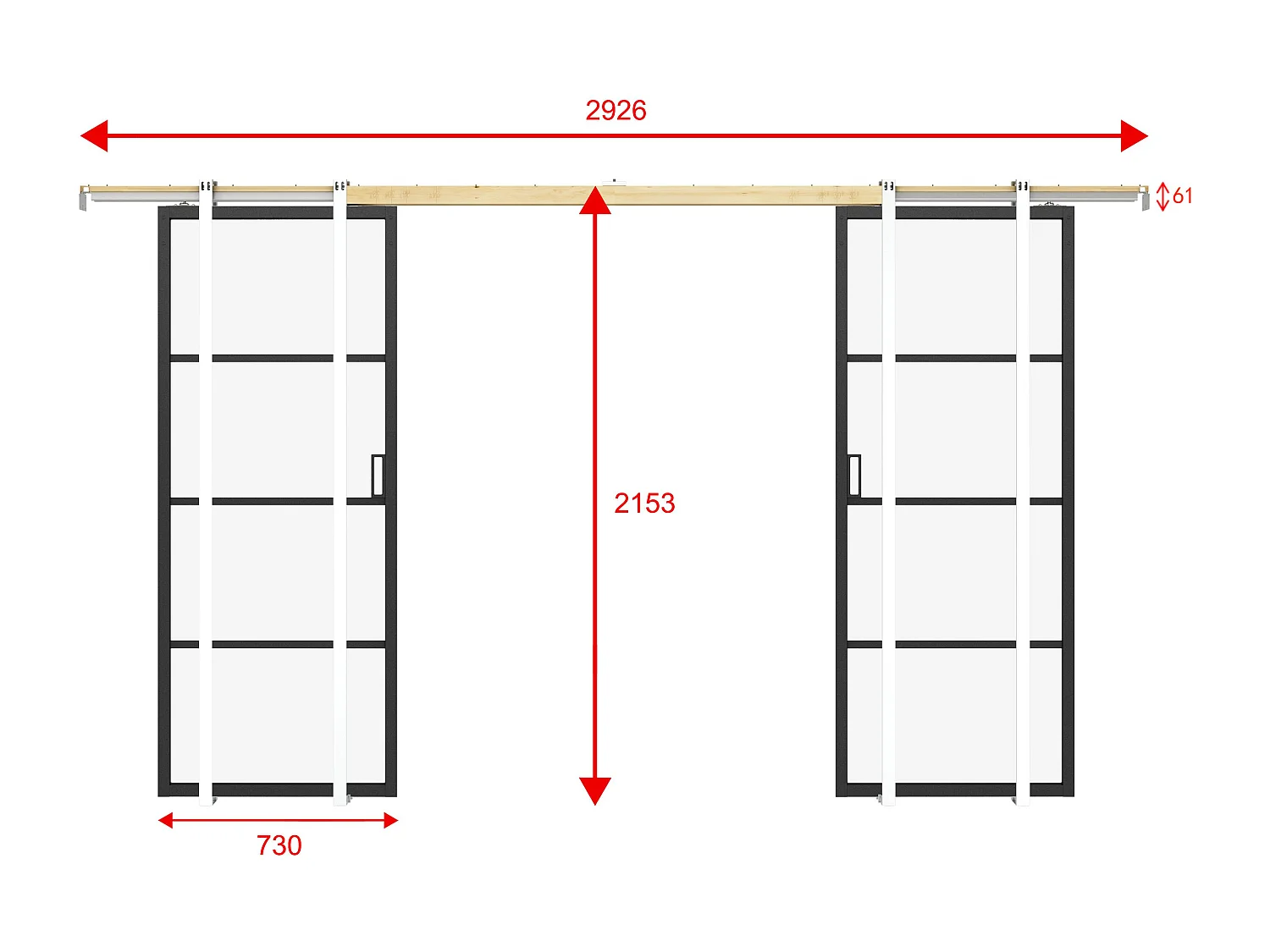 Dubbele schuifdeur met klamplaagsysteem - aluminium en gehard matglas - 2 x H205 x L73 cm - SINCA II