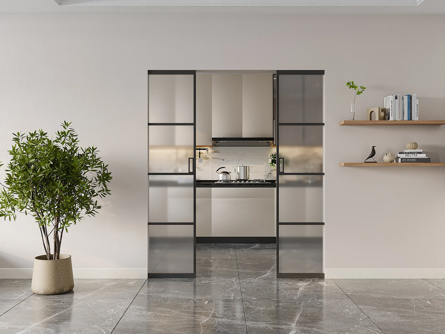 Porte coulissante double avec système à galandage - aluminium et verre trempé dépoli - 2 x H205 x L83 cm - SINCA II