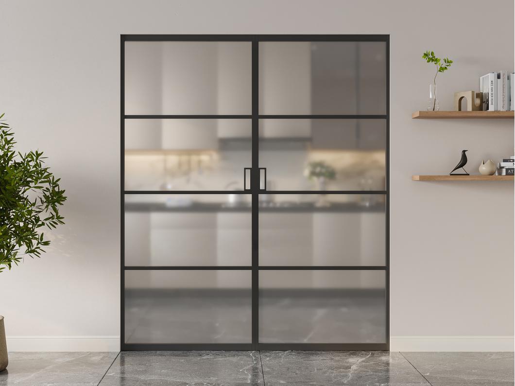 Puerta corredera doble empotrable - aluminio y cristal templado esmerilado - 2 x Alt. 205 x L83 cm - SINCA II