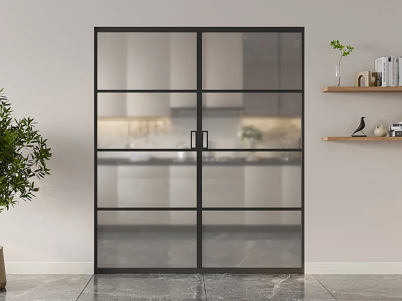 Porte coulissante double avec système à galandage - aluminium et verre trempé dépoli - 2 x H205 x L93 cm - SINCA II