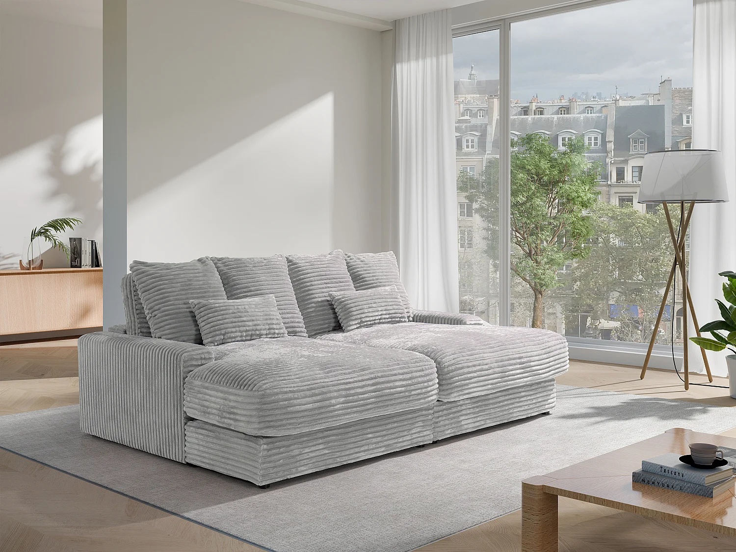 Kanapa 3-osobowa z głębokim siedziskiem z szarego szeroko prążkowanego sztruksu - CALAZO marki Pascal Morabito