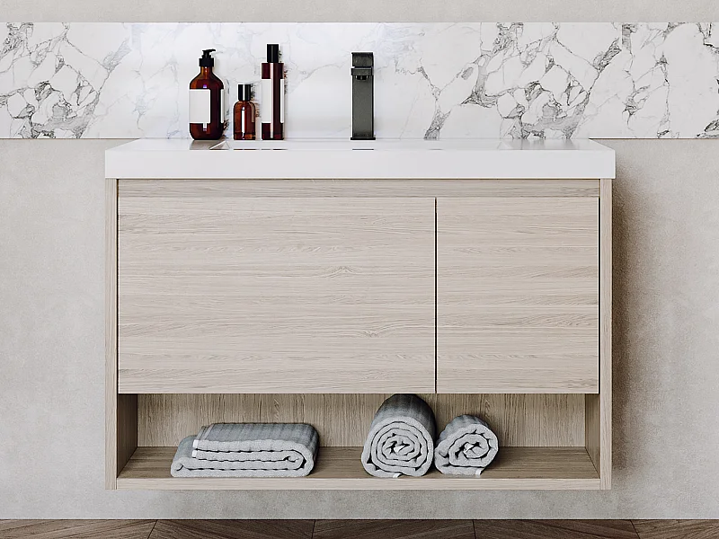 Meuble de salle de bain suspendu simple vasque coloris naturel clair - 90 cm - PUJUKA