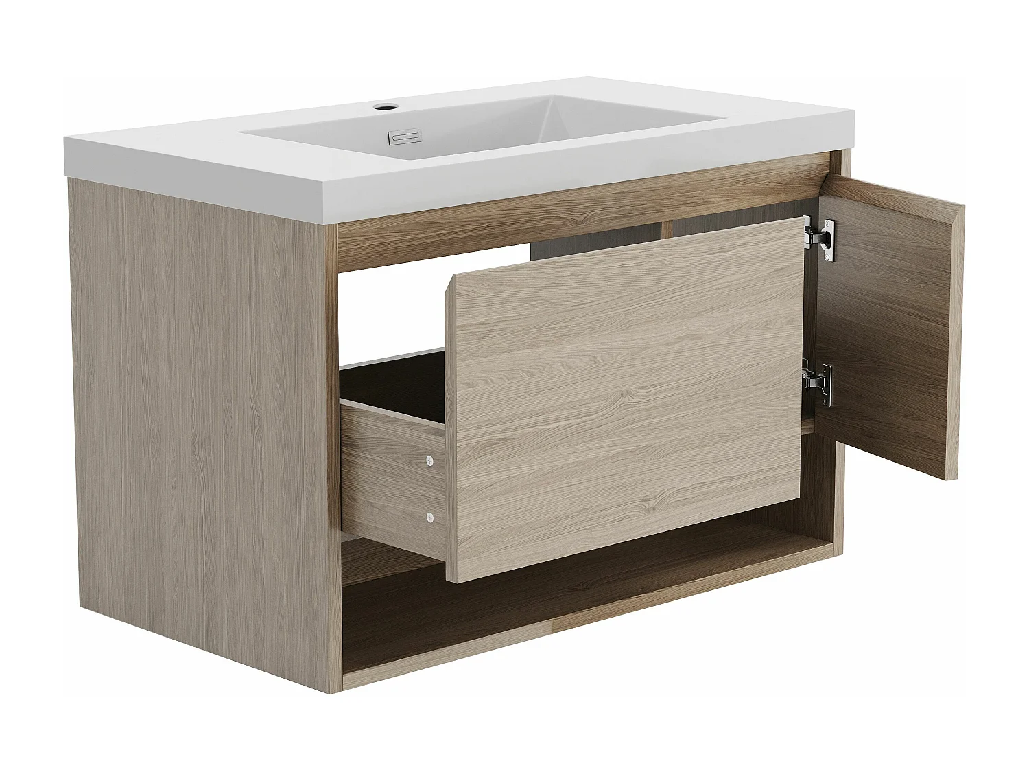 Waschbeckenunterschrank hängend mit Einzelwaschbecken - Holzfarben hell - 90 cm - PUJUKA