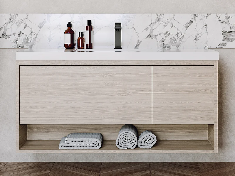 Meuble de salle de bain suspendu simple vasque coloris naturel clair - 120 cm - PUJUKA