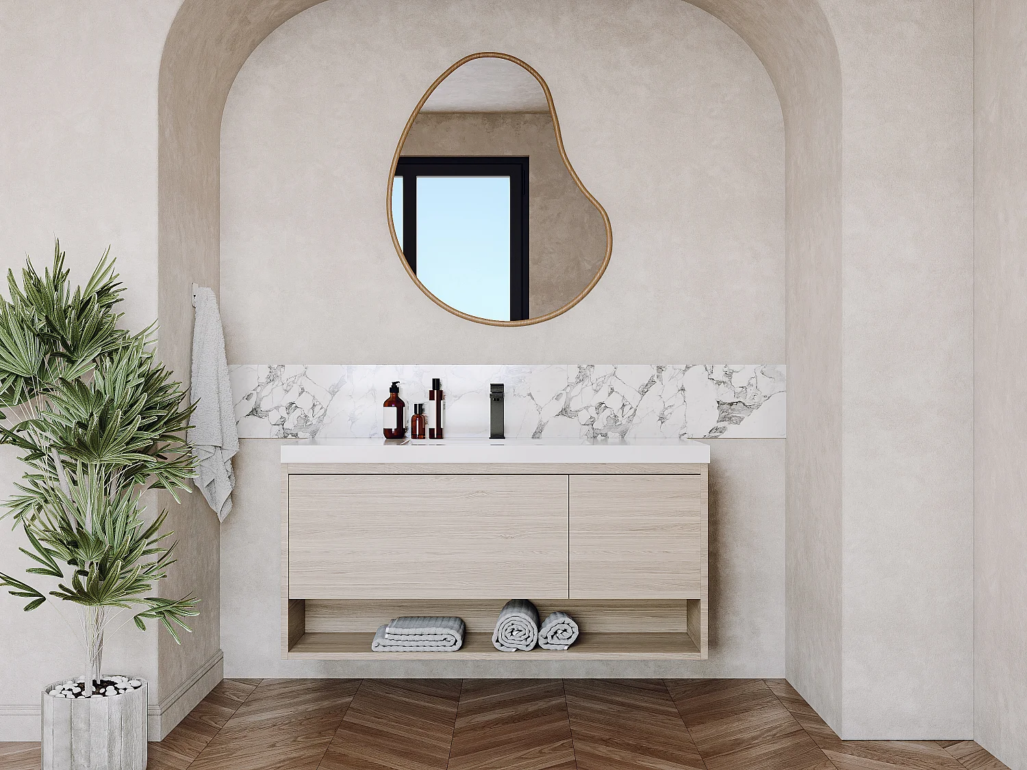 Waschbeckenunterschrank hängend mit Einzelwaschbecken - Holzfarben hell - 120 cm - PUJUKA