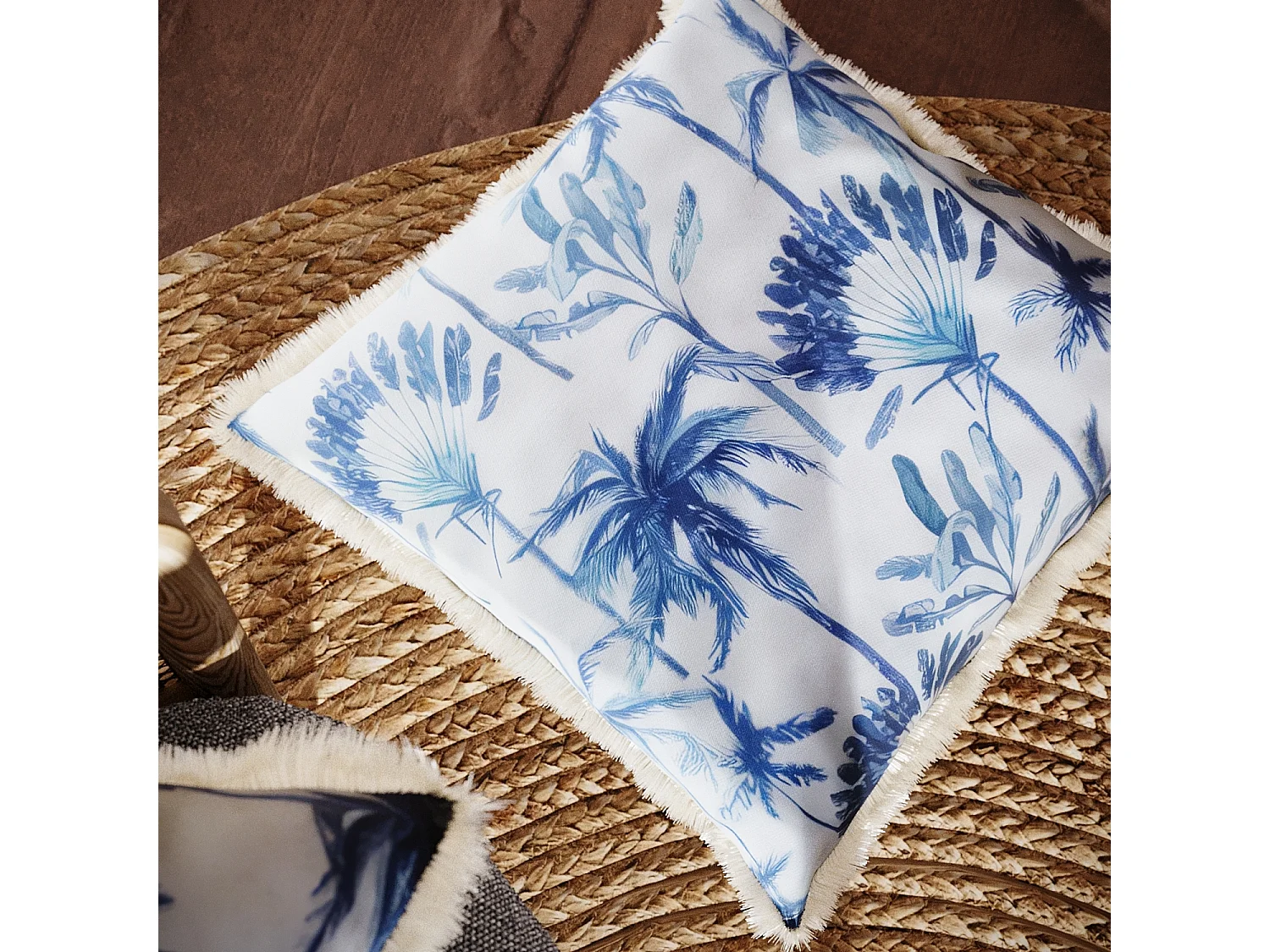 DAKAR - Coussin carré feuillage tropical bleu