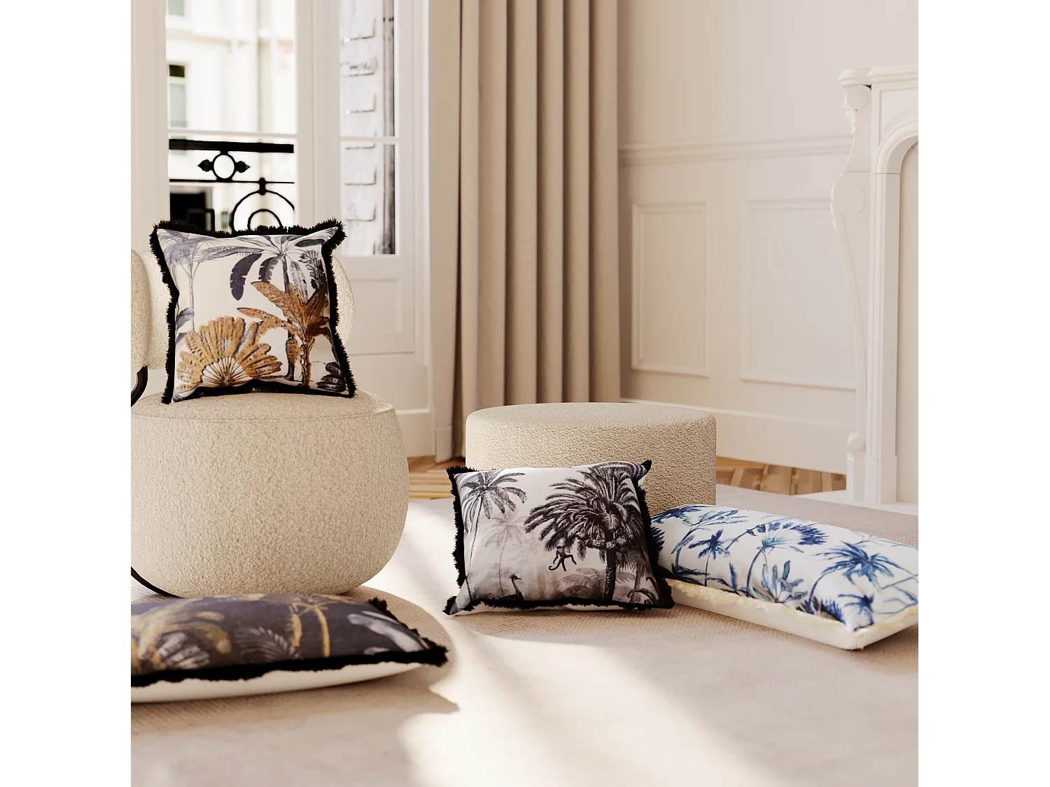 DAKAR - Coussin carré feuillage tropical bleu