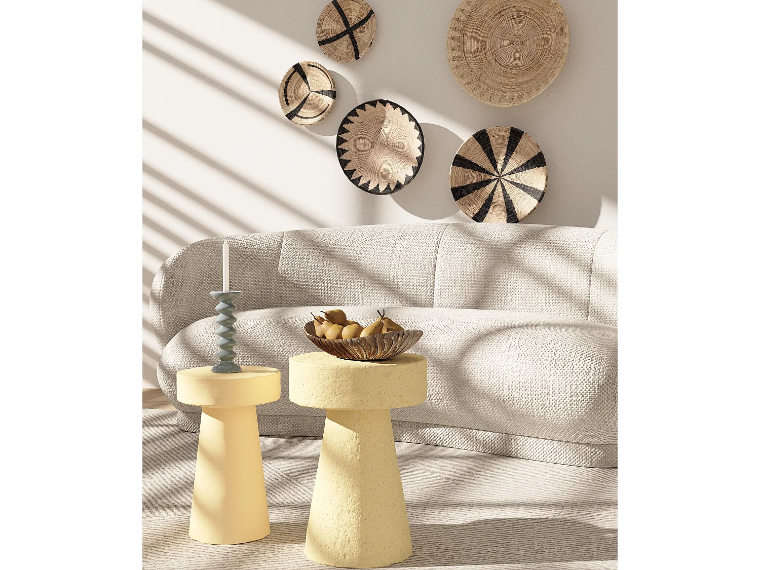 MARGUERITE - Table d’appoint circulaire en magnésie crème mouchetée bleu