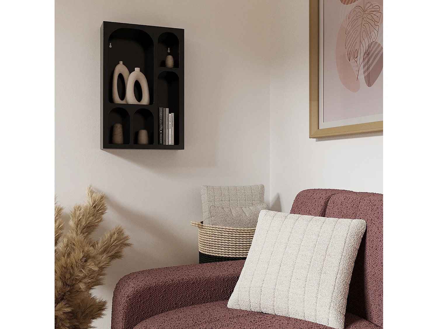 HORTENSE - Étagère murale en bois noire 5 niches