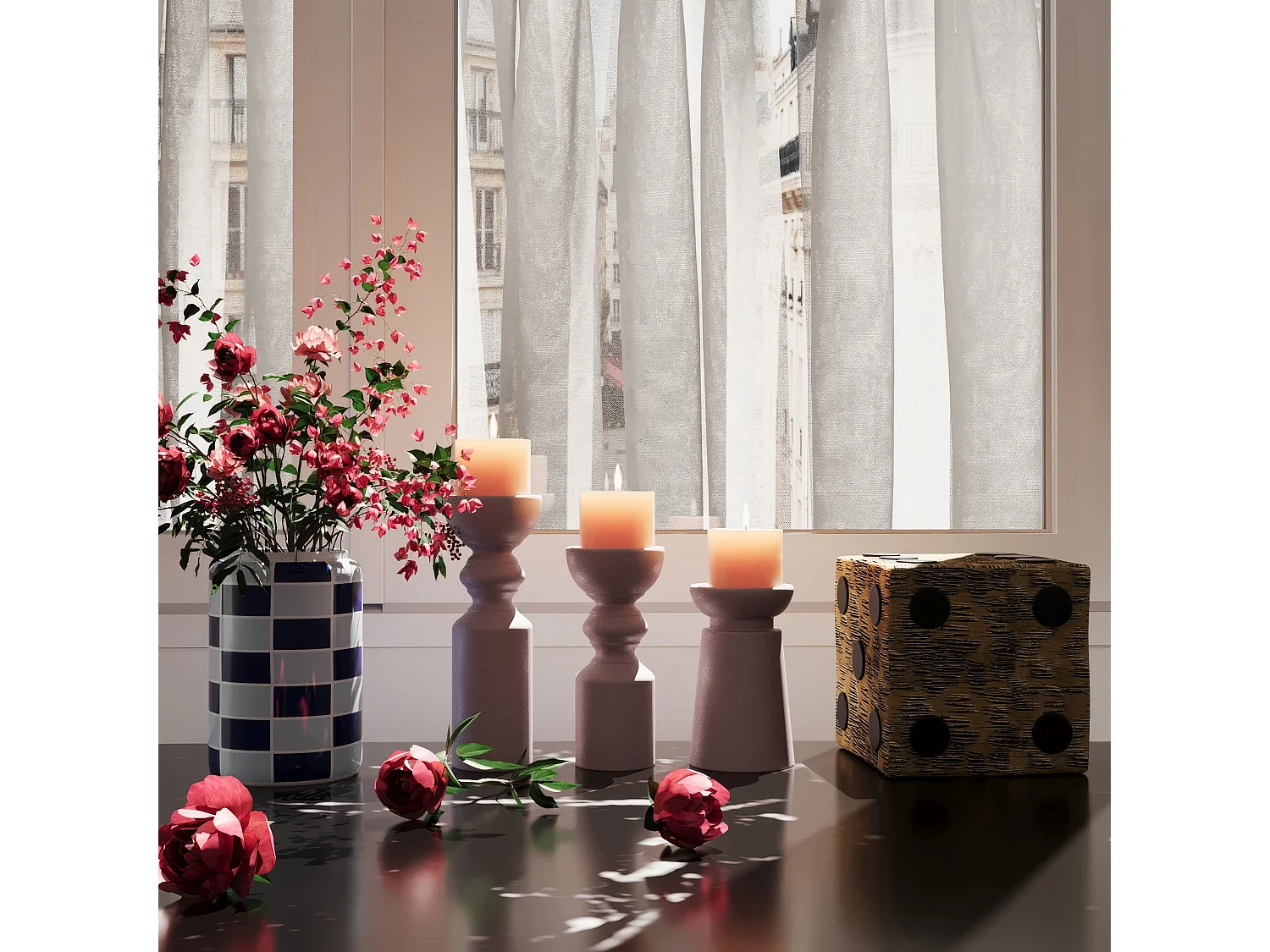 MACAO - Vase cylindrique à damier céramique bleue