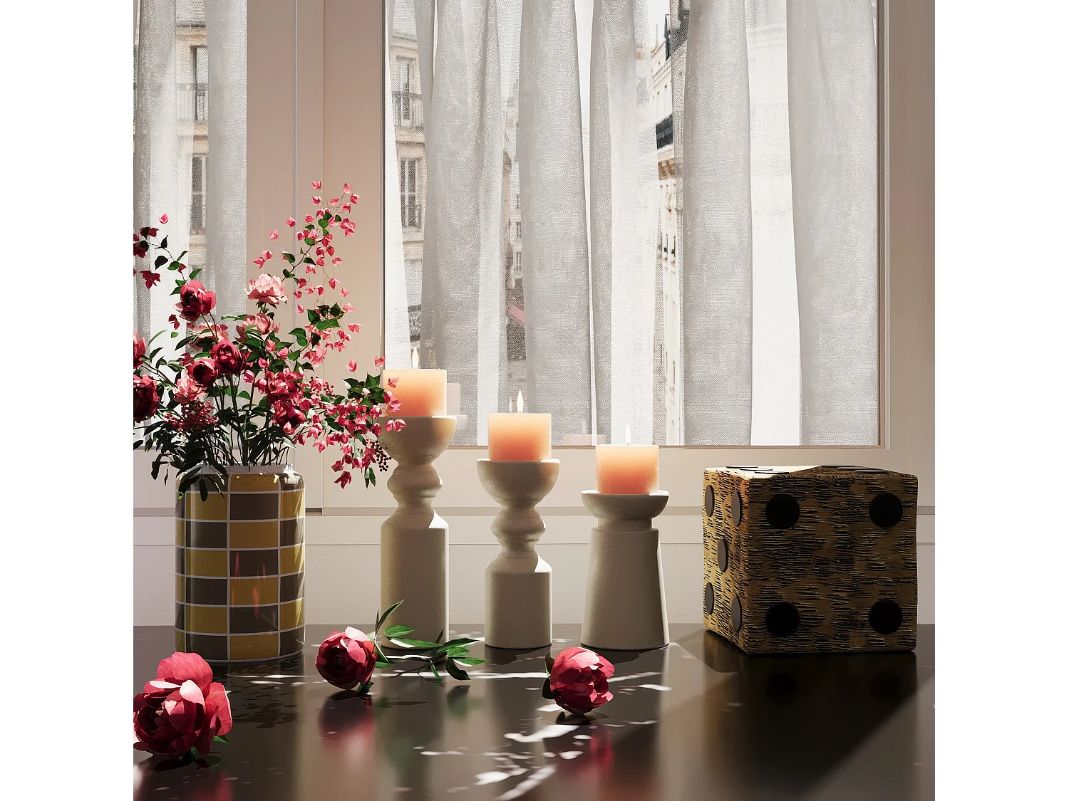 MACAO - Vase cylindrique à damier céramique jaune