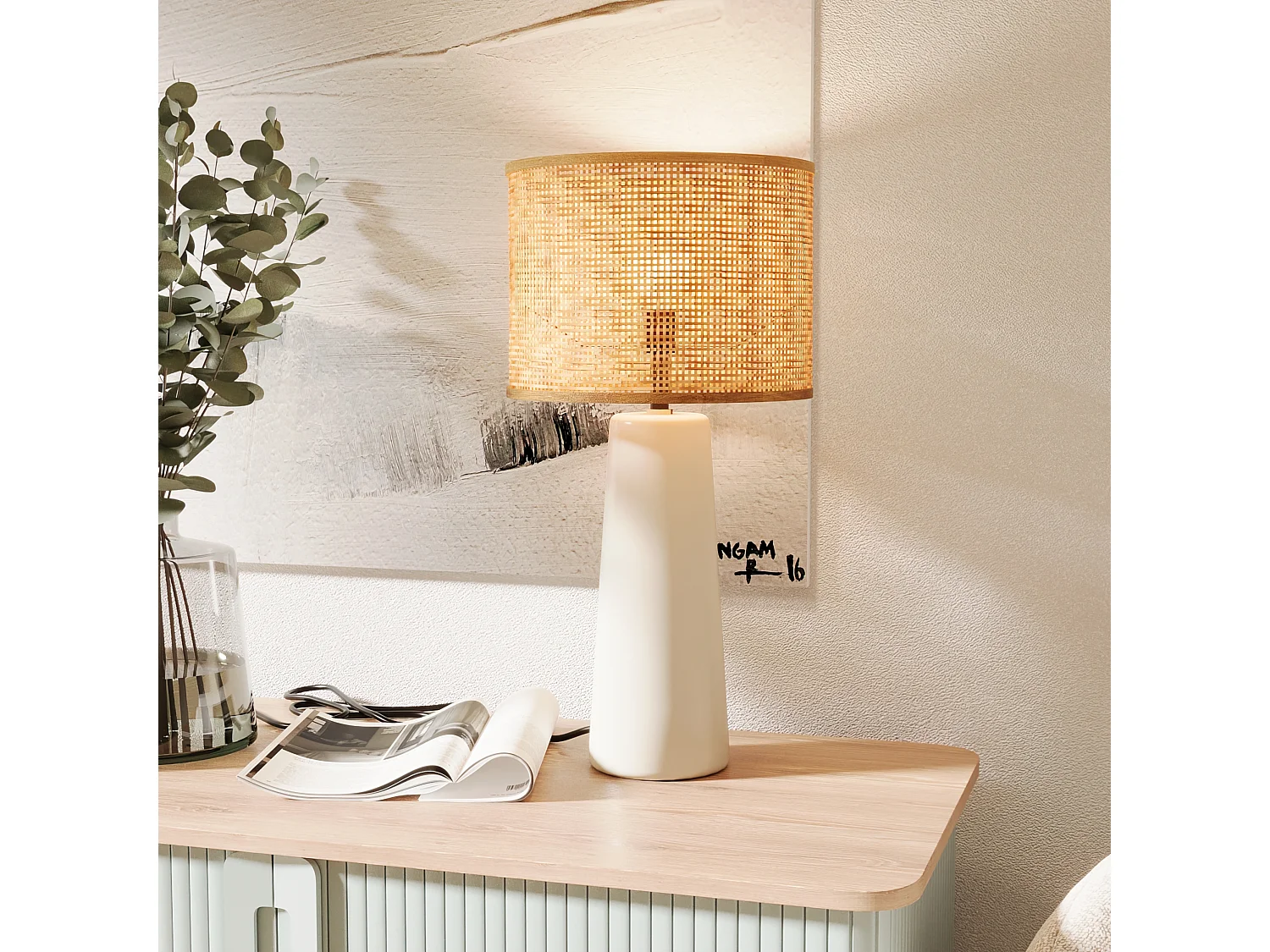 VAN GOGH - Lampe à poser en céramique et rotin