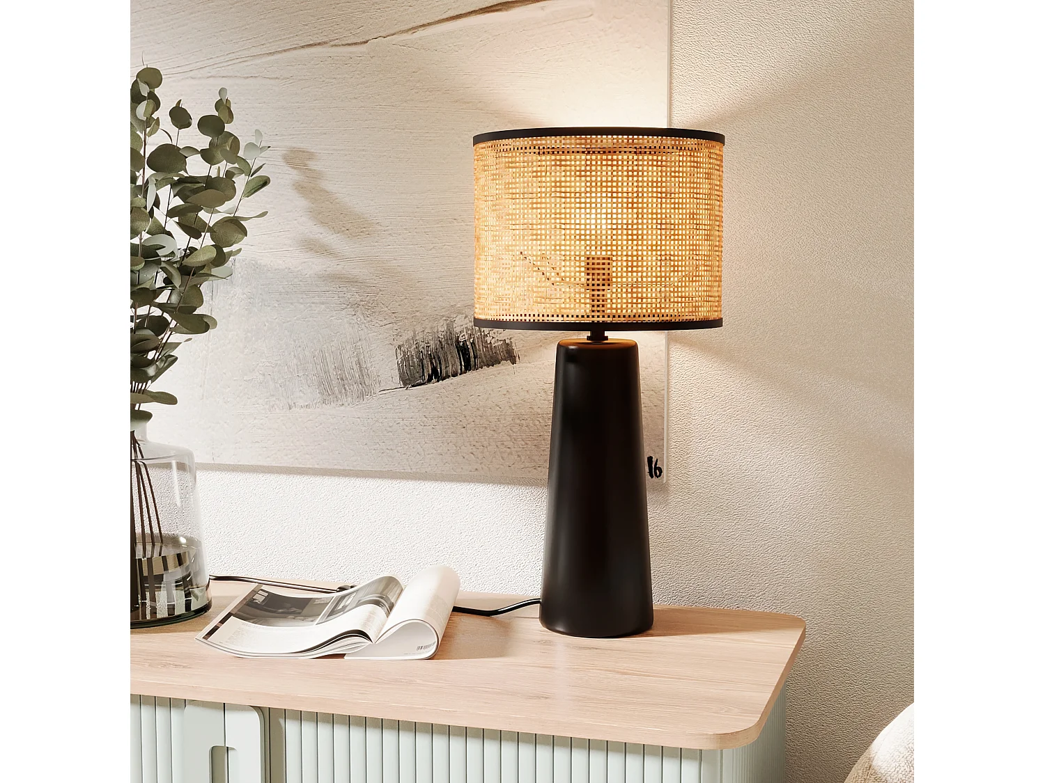 VAN GOGH - Lampe à poser en céramique et rotin