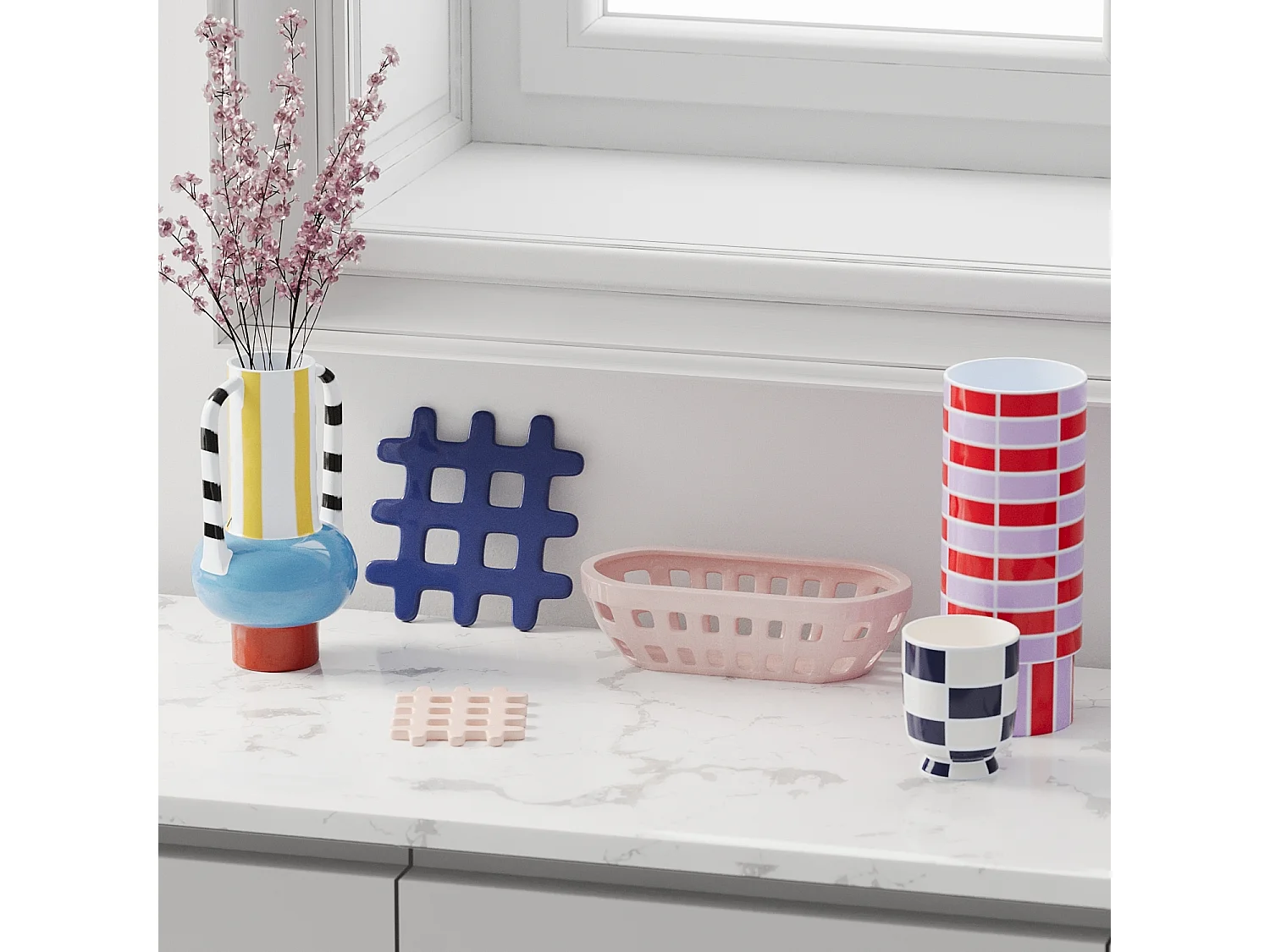 ALICANTE - Lot de 4 dessous de verre, carré céramique tressée bleu