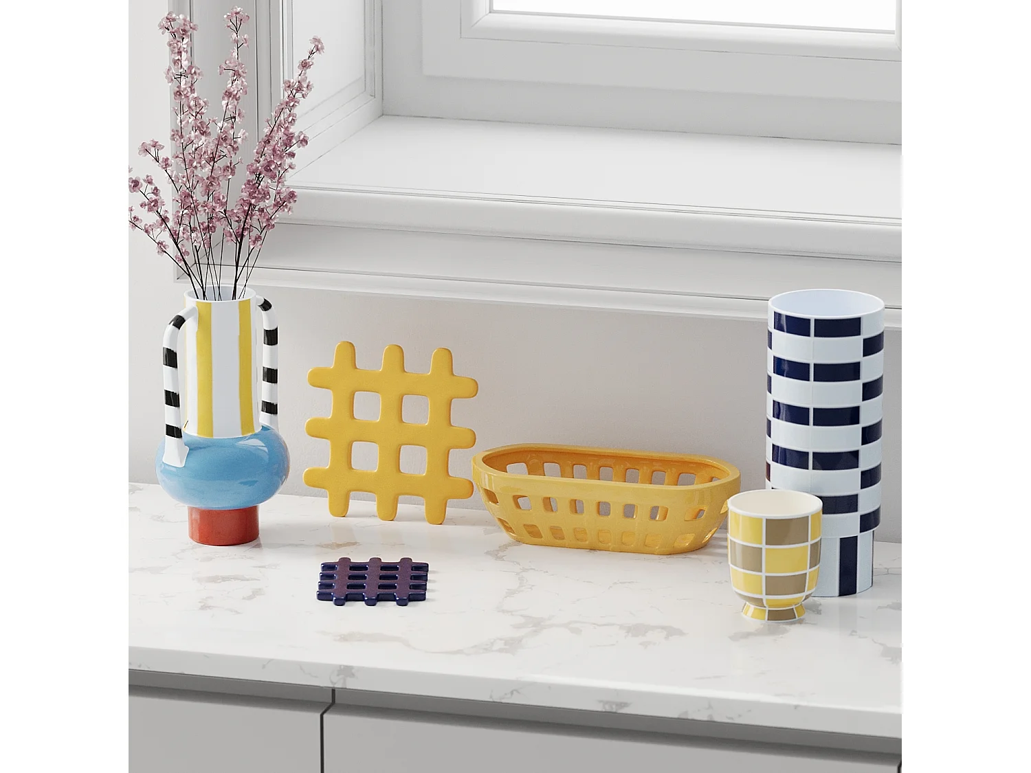 ALICANTE - Lot de 4 dessous de verre, carré céramique tressée jaune