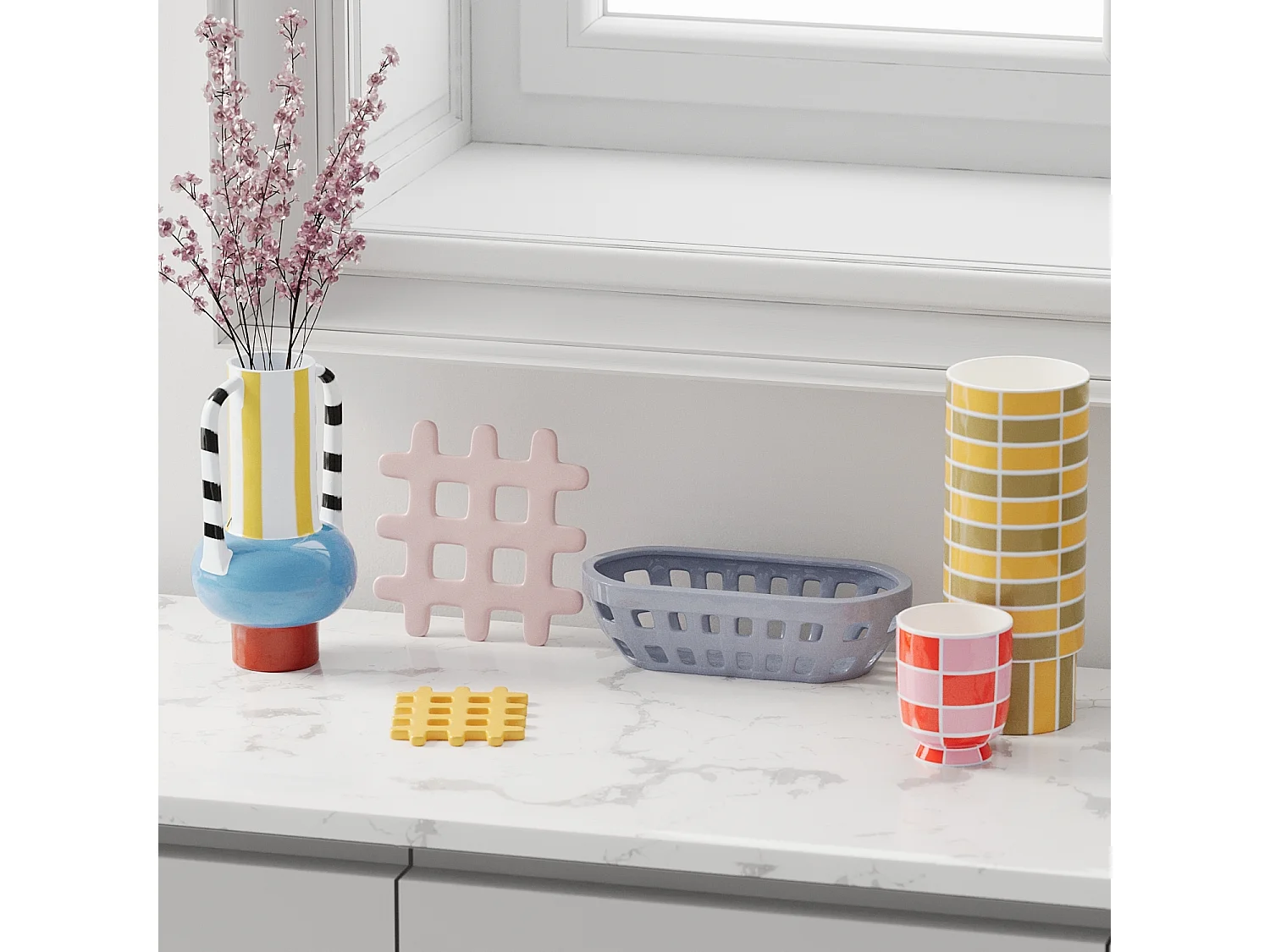 ALICANTE - Lot de 4 dessous de verre, carré céramique tressée rose