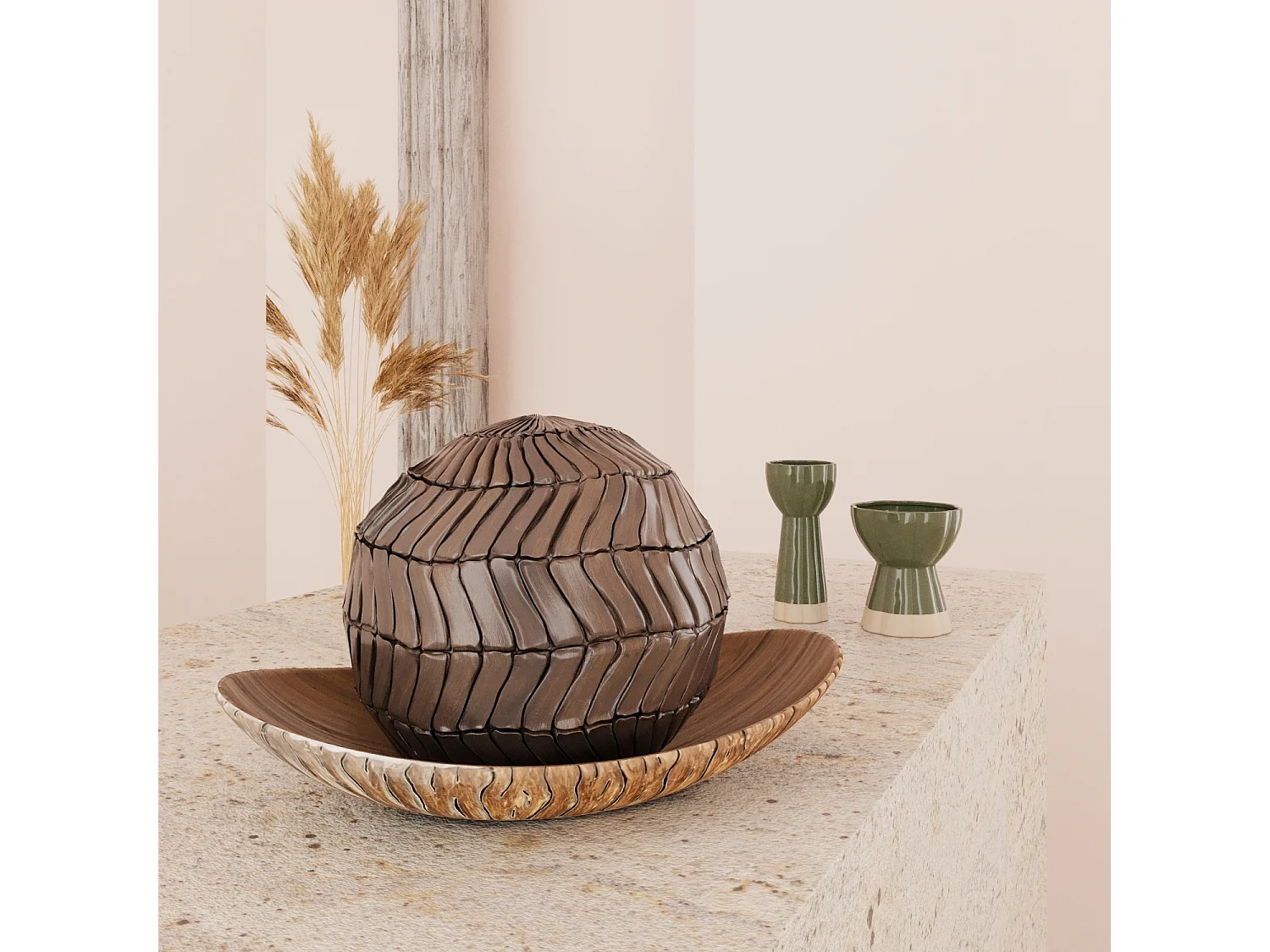 SEOUL - Boule décorative en résine effet bois sculpté