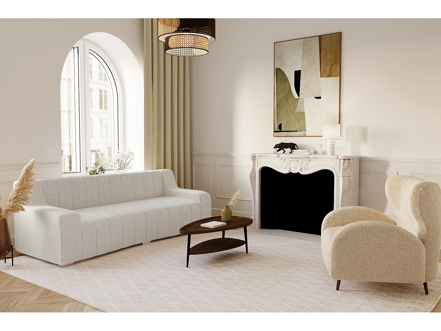 GARANCE - Canapé blanc tissu bouclette