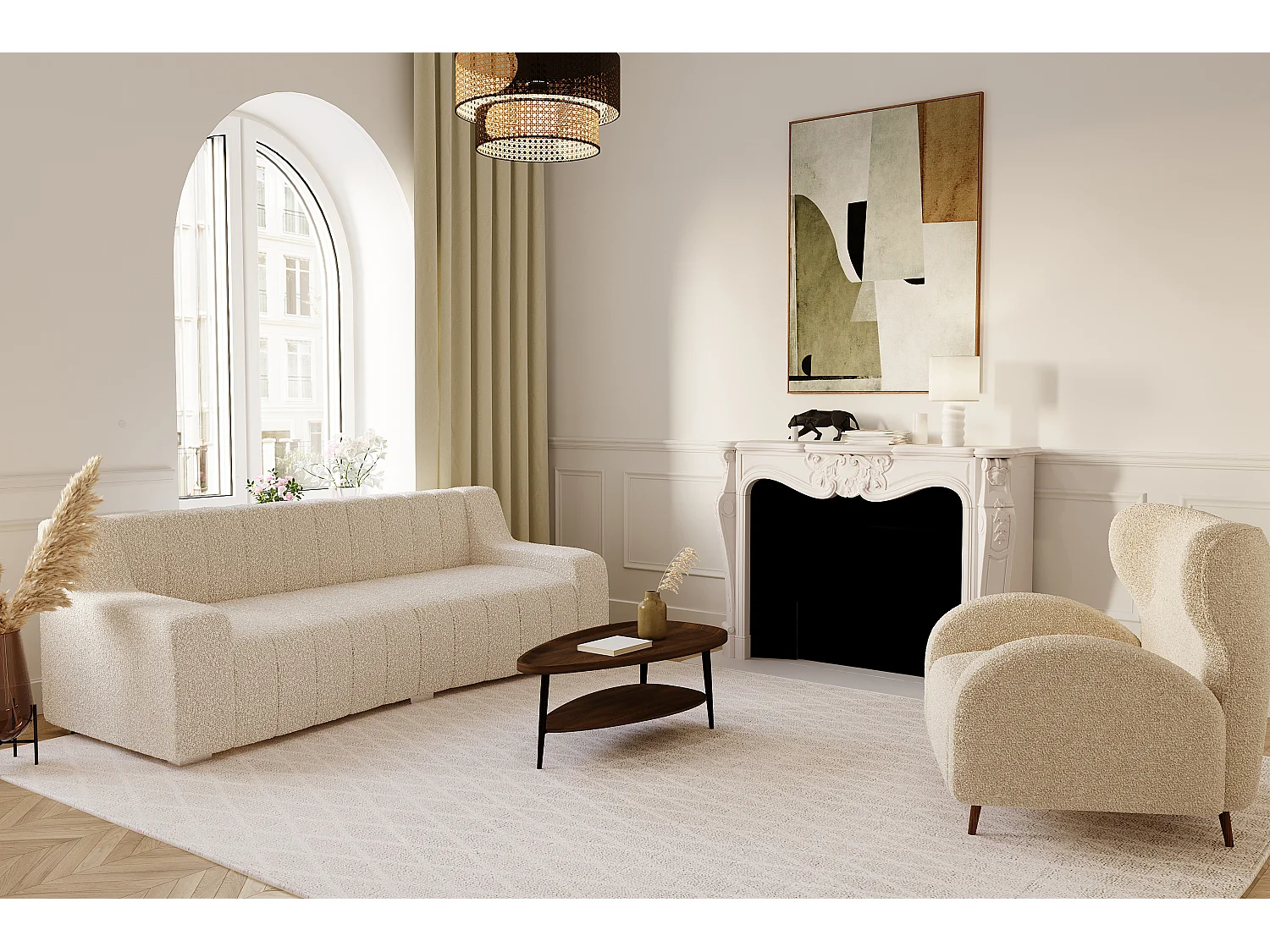 GARANCE - Canapé couleur crème tissu bouclette