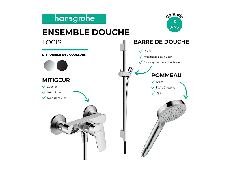Pack mitigeur douche mécanique HANSGROHE Logis + Barre Unica S Puro + flexible + Pommeau Vernis Blend Vario noir mat