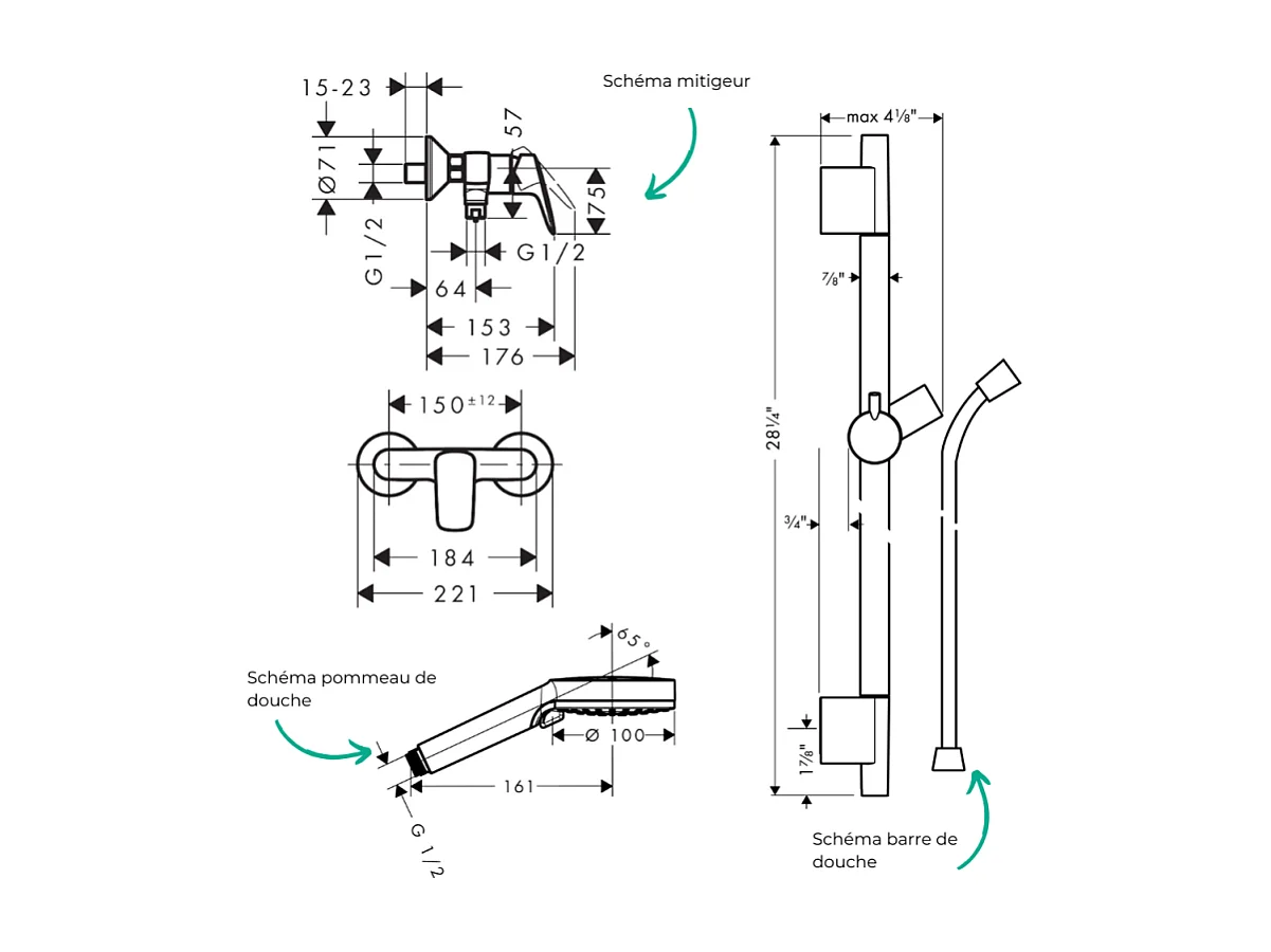 Pack mitigeur douche mécanique HANSGROHE Logis + Barre Unica S Puro + flexible + Pommeau Vernis Blend Vario noir mat