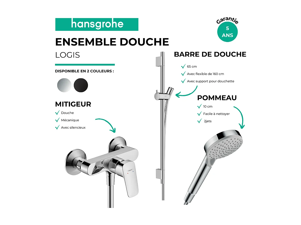 Pack mitigeur douche mécanique HANSGROHE Logis + Barre Unica S Puro + flexible + Pommeau Vernis Blend Vario noir mat